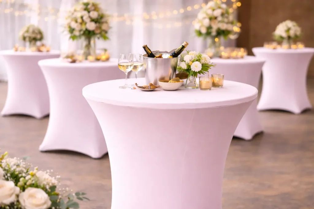 Faltenfreie Stretchhaube auf einem Stehtisch bei einem Event, sorgt für eine glatte Tischoberfläche und ein hochwertiges Erscheinungsbild auf Fotos