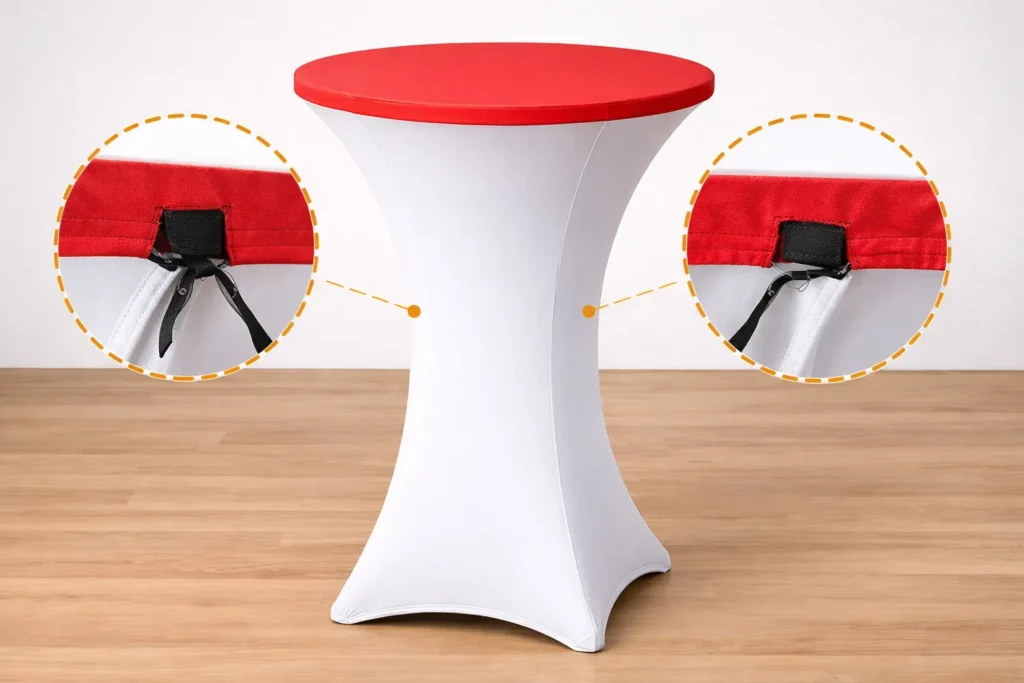 Detailansicht einer Stretchhaube für Stehtische mit verstärkten Fixpunkten zur erhöhten Stabilität bei häufigem Auf- und Abbau