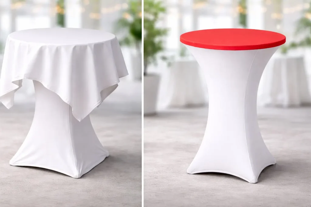 Vergleich eines Stehtisches mit lockerer Tischdecke und eines Stehtisches mit passender Stretchhaube, die Verrutschen und Faltenbildung verhindert