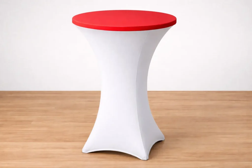 Weiße Stretchhaube für Stehtisch mit roter Tischplatten-Abdeckung, passend für Stehtische mit 70–75 cm Durchmesser