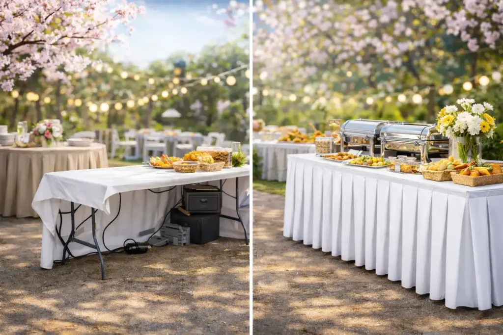 Vorher-Nachher Vergleich: Tisch ohne und mit Skirtings Kellerfalte.