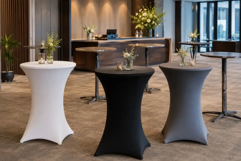 Alte Stehtische aufwerten mit Stehtischhussen für Events, Hotels und Gastronomie