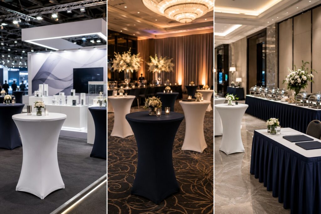 Stehtischhussen kombinieren für Messe Gala Firmenfeier Hotel und Catering