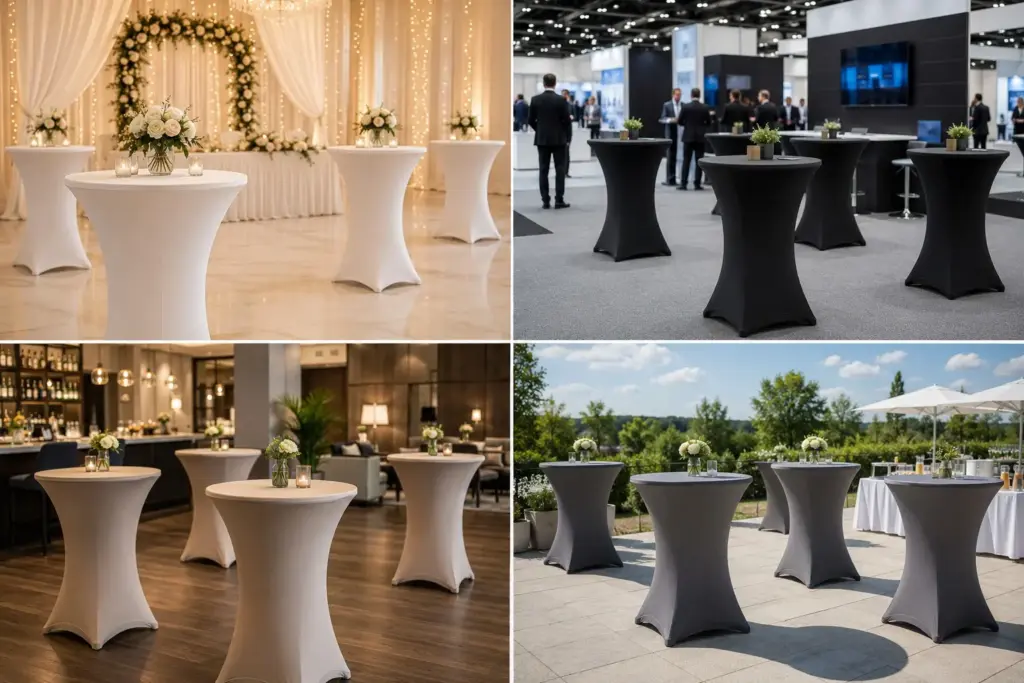 Alte Stehtische aufwerten mit Stehtischhussen für Hochzeit, Firmenveranstaltung, Hotel und Outdoor-Catering