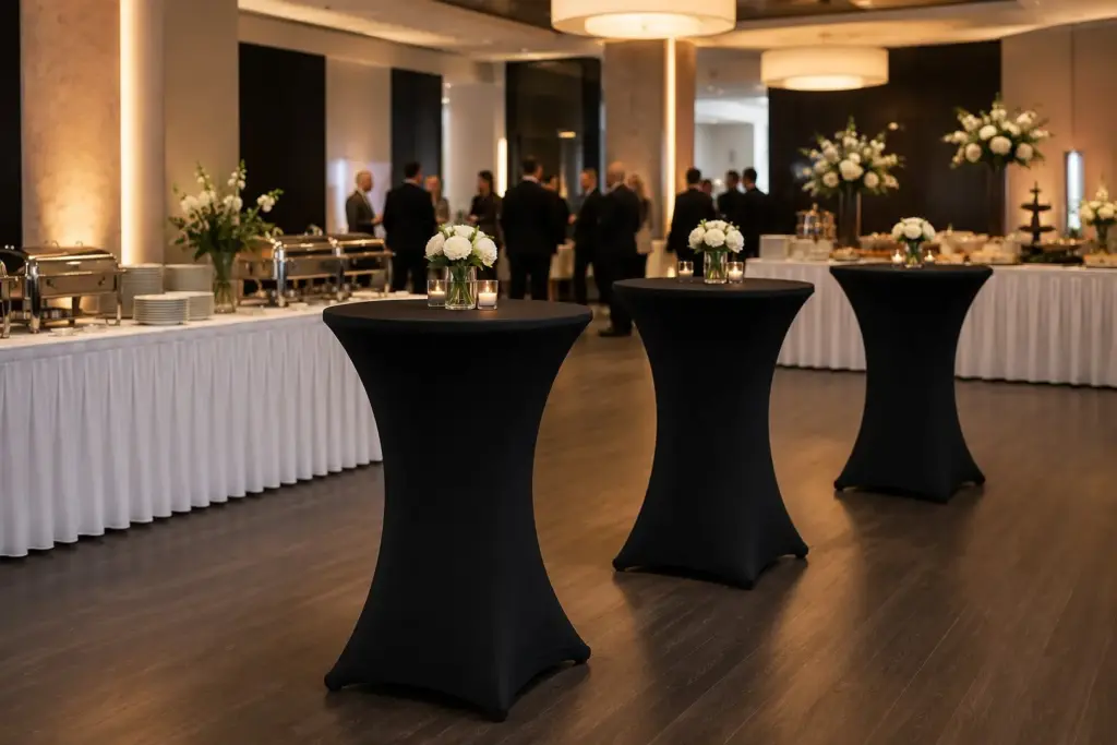 Stehtischhussen kombinieren mit Skirtings und Buffethussen für ein harmonisches Eventdesign
