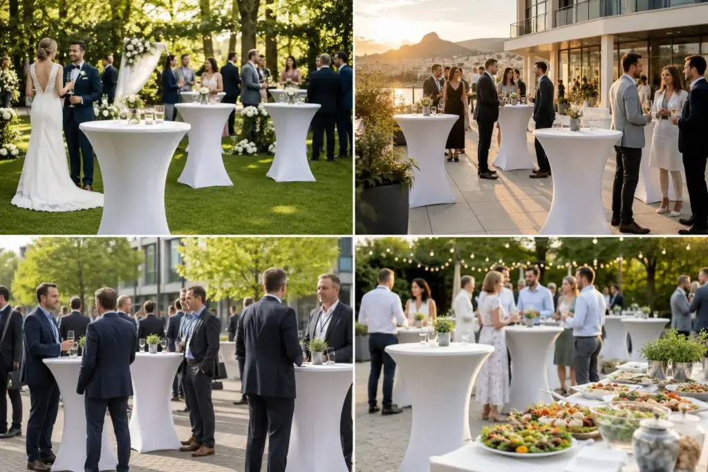Stehtischhussen Outdoor für Hochzeit, Catering, Hotelterrasse und Corporate Events