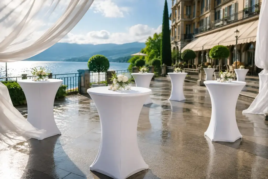 Stehtischhussen Outdoor für wind- und wetterfeste Events auf einer eleganten Terrasse