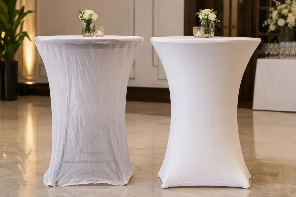Alte Stehtische aufwerten: Stehtischhussen Stoffqualität im Vergleich für professionelle Events