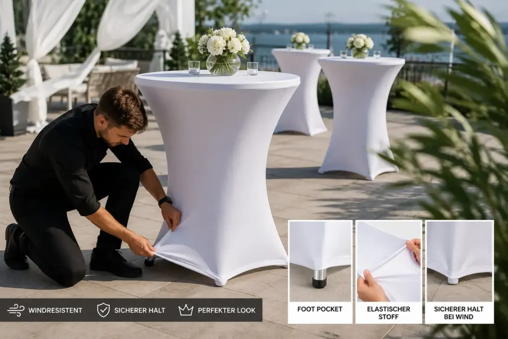 Windfeste Stehtischhussen Outdoor mit sicherer Befestigung für Events