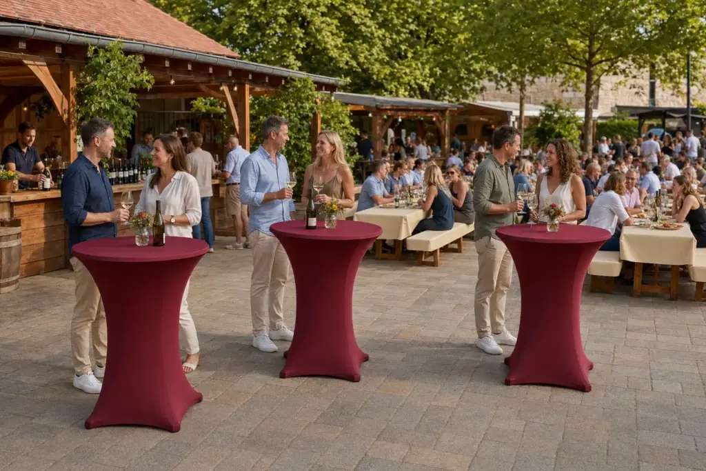Stehtischhussen und Bierzeltgarniturhussen in einem einheitlichen Weinfest-Konzept