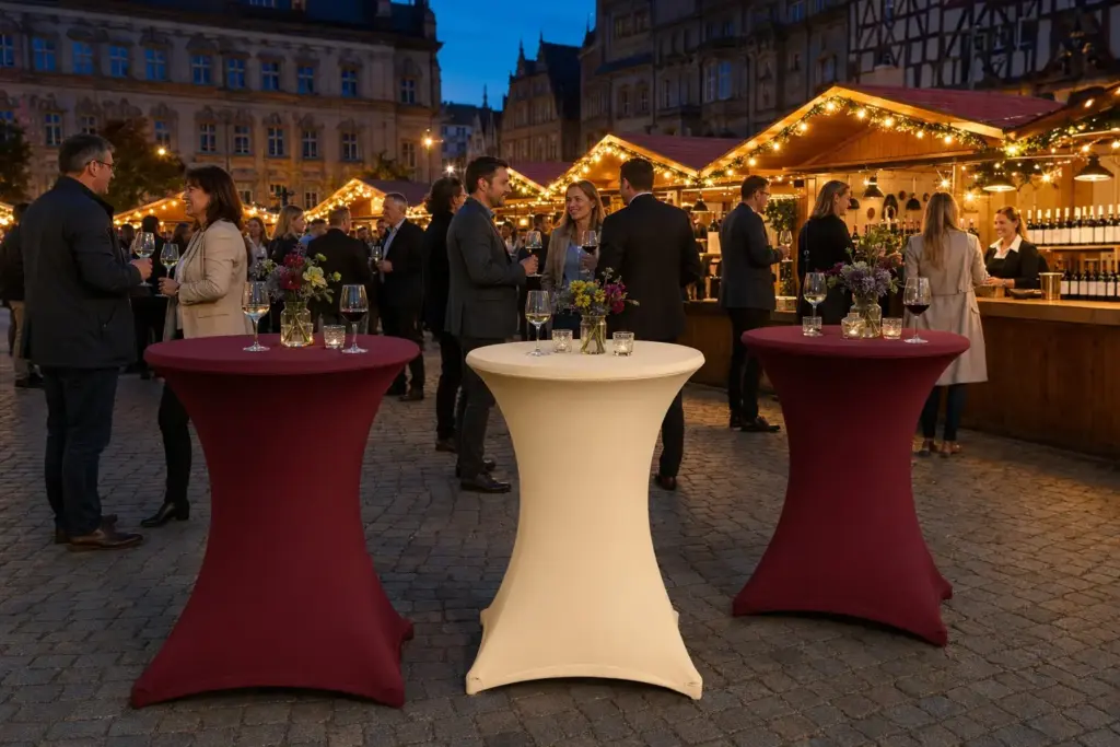 Beleuchteter Weinstand mit Stehtischhussen am Abend