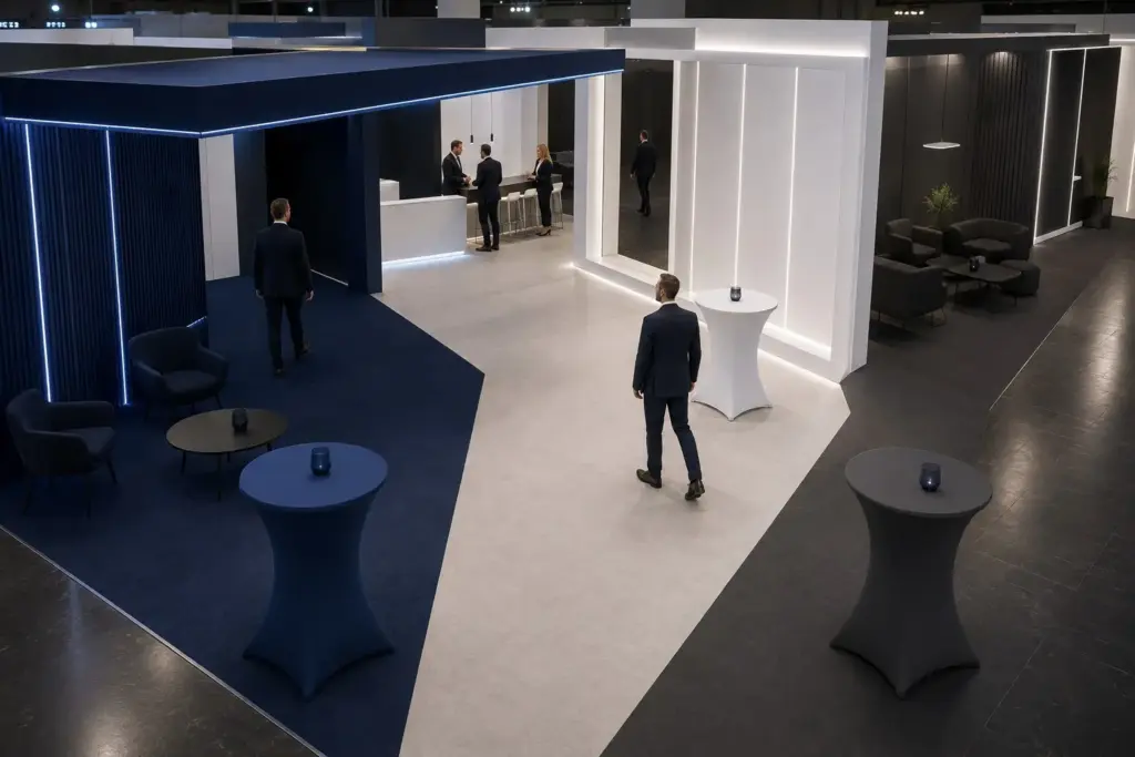 Corporate Design mit farblich abgestimmten Stehtischhussen auf einem Messestand