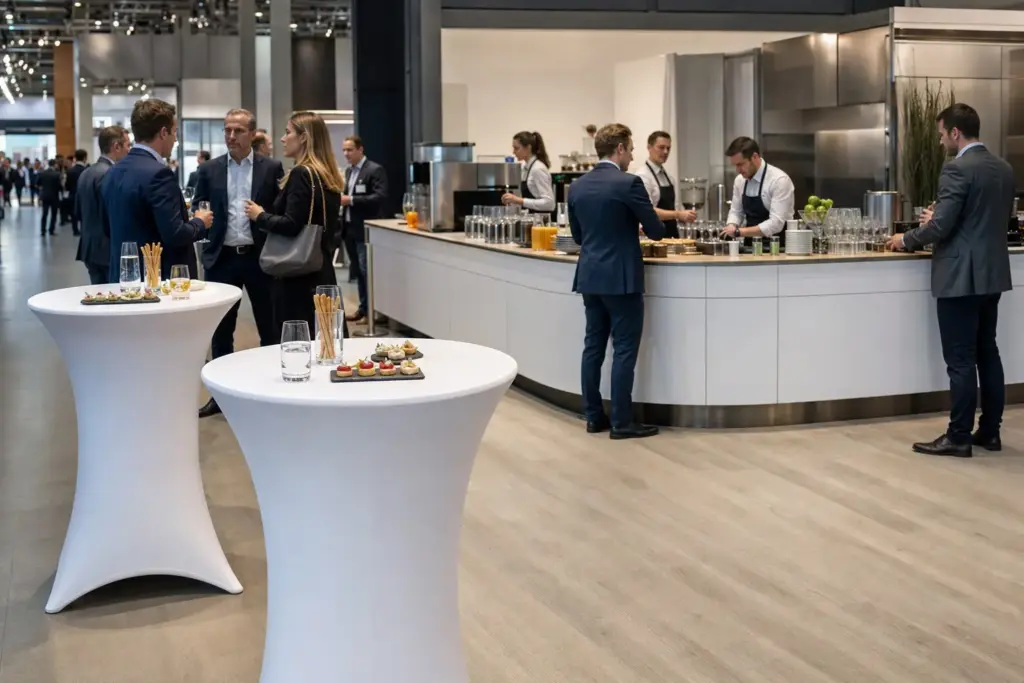 Funktionale Messeausstattung im Herbst mit Cateringbereich und Stehtischhussen