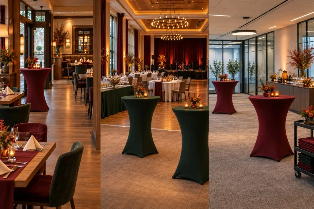 Drei Gestaltungsbeispiele für eine Wasen-Feier in Restaurant, Hotelsaal und Unternehmensraum mit farbigen Stehtischhussen und herbstlicher Dekoration.