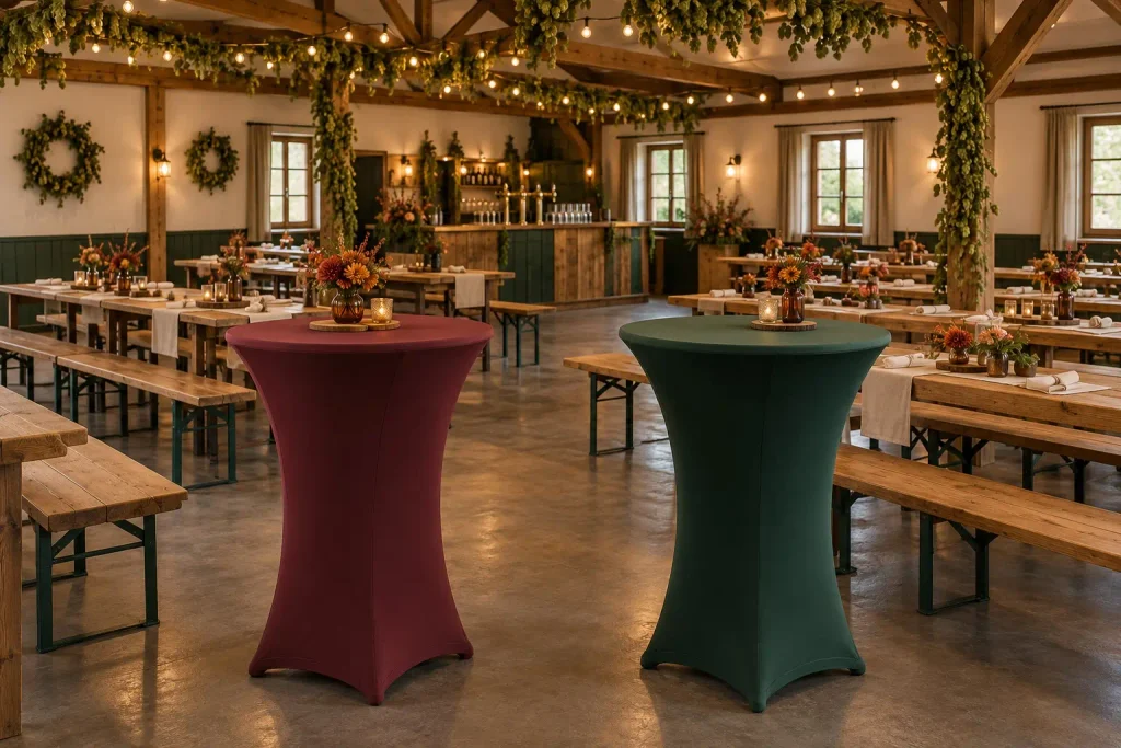 Bordeauxfarbene und dunkelgrüne Stehtischhussen kombiniert mit Holztischen, cremefarbenen Servietten und orangefarbenen Herbstblumen im Veranstaltungssaal.