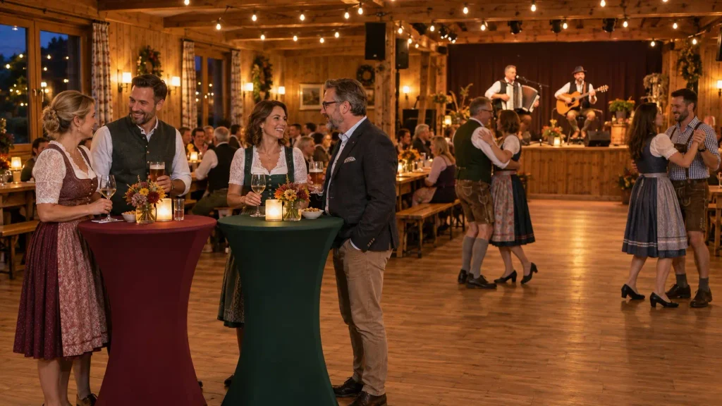 Wasen-Feier mit warmen Lichterketten, Akkordeon- und Gitarrenmusik sowie Gästen an Stehtischen und auf der Tanzfläche.
