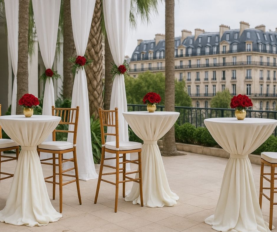 Weiße und cremefarbene Stehtischhussen für Hochzeiten – Paris Eleganz für unvergessliche Events.