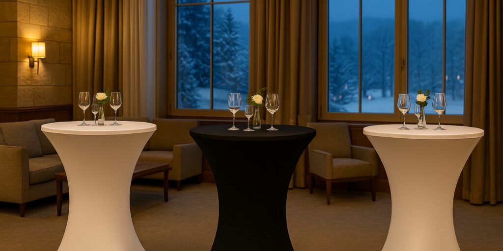 Stehtischhussen – weiße und schwarze Stehtischhussen in einem Hotel mit Winterlandschaft im Hintergrund