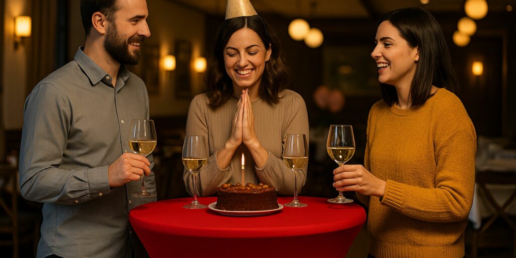 Stehtischhussen – rote Stehtischhusse bei einer Geburtstagsfeier in einem Restaurant mit drei Gästen und Kuchen