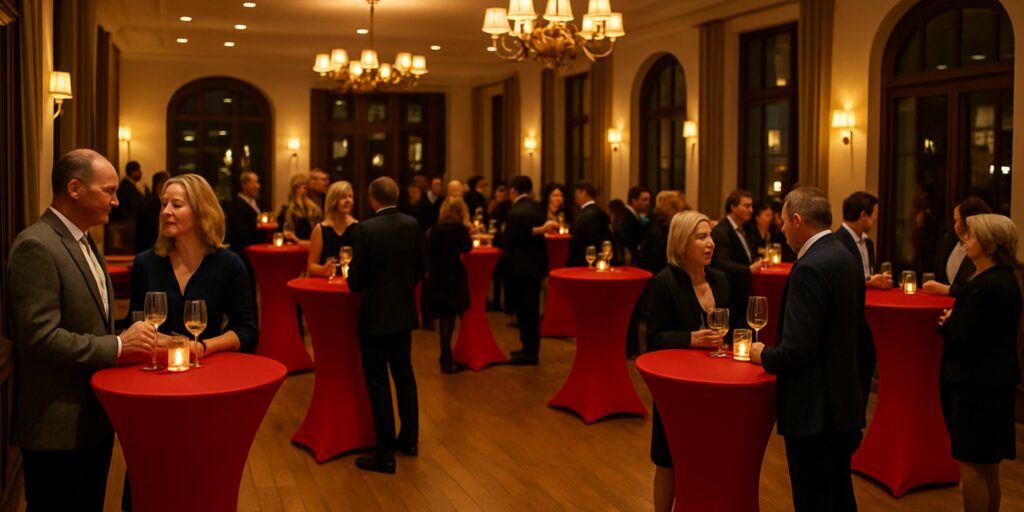 Stehtischhussen – elegante rote Stretchhussen bei einer Cocktail-Empfang in einem stilvollen Restaurant mit Gästen