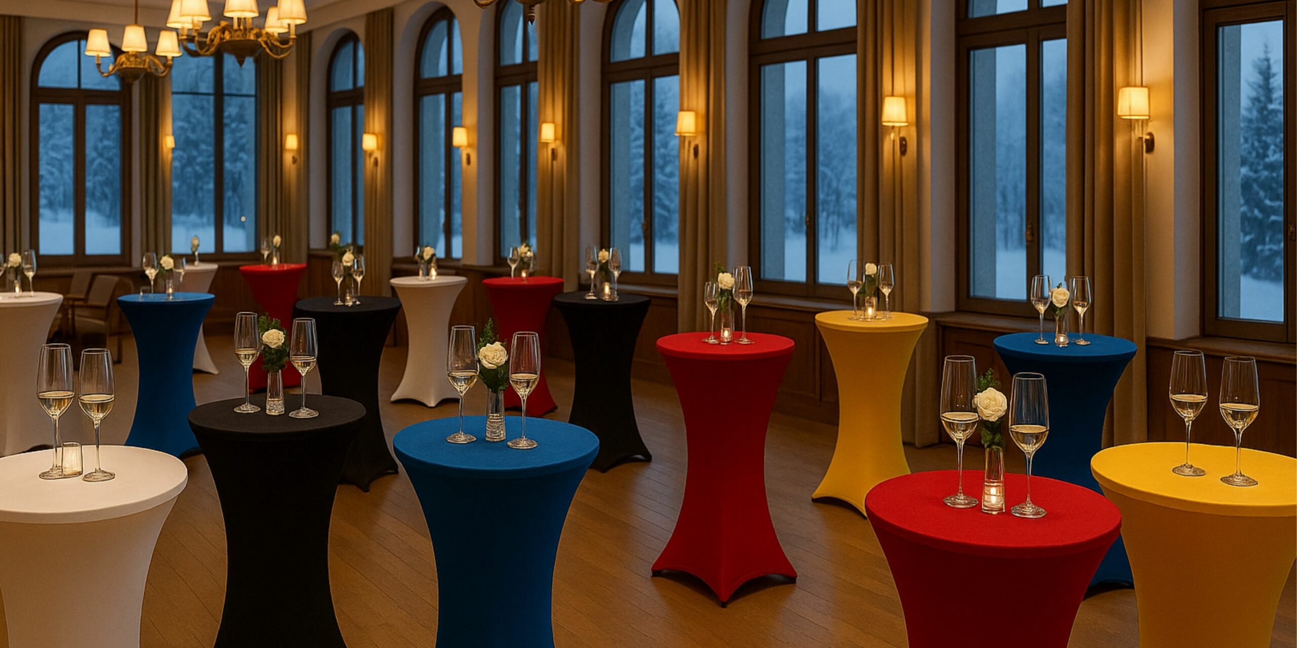 Stehtischhussen – weiße und schwarze Stehtischhussen in einem Hotel mit Winterlandschaft im Hintergrund