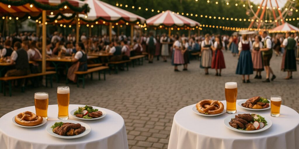 Kaiser Wiesn Festival mit weißen Bierzeltgarnitur-Hussen und Stehtischhussen – elegante und hygienische Dekoration im Outdoor-Bereich."