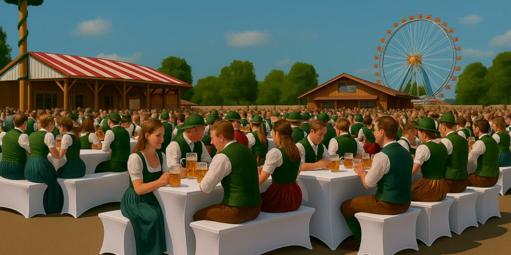 Outdoor-Festival beim Kaiser Wiesn mit weißen Tisch- und Bankhussen, Fokus auf nachhaltige und hochwertige Überzüge von Gastro Uzal.