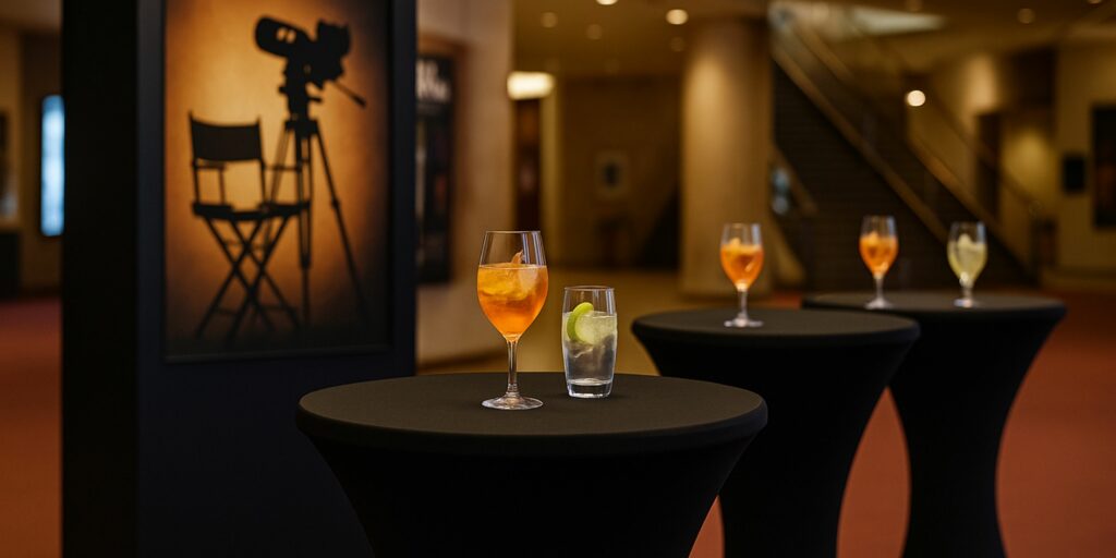 Elegante Stehtischhussen mit Cocktails bei einem Filmfestival-Empfangsbereich in Spanien, stilvolles Ambiente mit Kino-Poster im Hintergrund