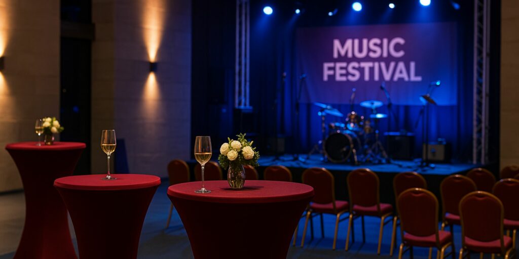 Eleganter Indoor-Bereich eines Musikfestivals in Spanien mit burgunderfarbenen Stehtischhussen, Blumendekoration und Cocktails vor einer Bühne mit der Aufschrift „Musikfestival