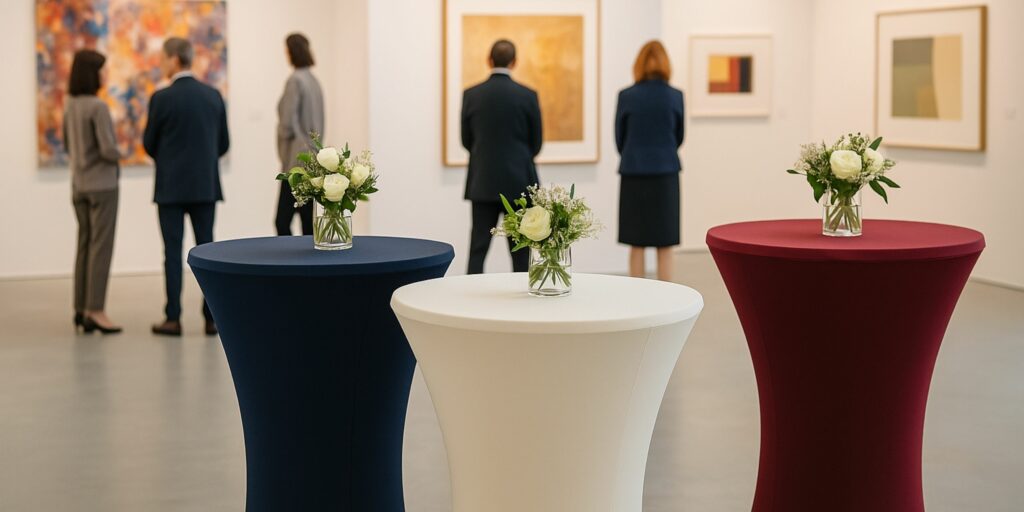 Elegante Stehtischhussen in Marineblau, Creme und Bordeaux bei einer Ausstellungseröffnung, mit Blumendekoration und Besuchern, die Kunstwerke betrachten