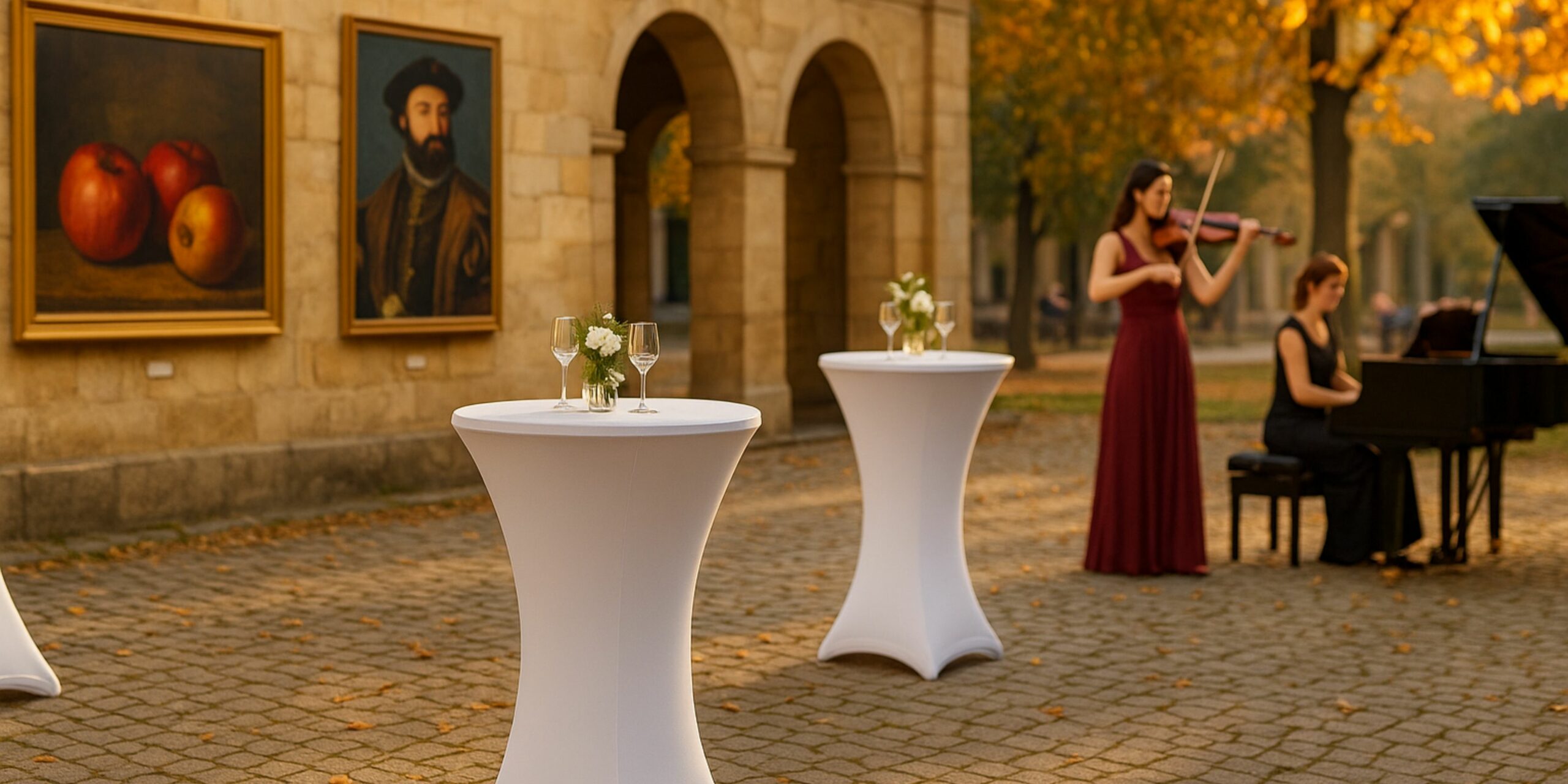 Hochwertige Stehtischhussen bei einem herbstlichen Kultur- und Kunst-Event in Spanien, umgeben von Gemälden und Musikern, die Violine und Klavier spielen