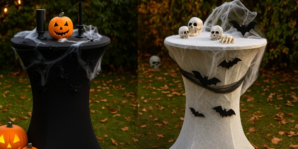 Schwarze Halloween-Stehtischhusse mit Spinnennetzen, schwarzen Spinnen und beleuchteten Kürbissen im herbstlichen Garten. Weiße Halloween-Stehtischhusse mit Spinnennetzen, schwarzen Fledermäusen und Totenköpfen als Deko auf einer Rasenfläche mit Herbstlaub.