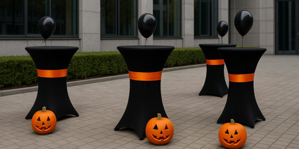 Halloween-Corporate-Event im Freien mit schwarzen Stehtischhussen, orangefarbenen Bändern als Markenakzent, geschnitzten Kürbissen und schwarzen Luftballons vor einem modernen Bürogebäude.