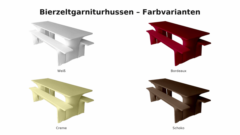 Bierzeltgarniturhussen – 2×2 Katalogansicht: Weiß, Bordeaux, Creme, Schoko; Stretch-Set für Bierzeltgarnitur (Tisch + zwei Bänke), faltenarm