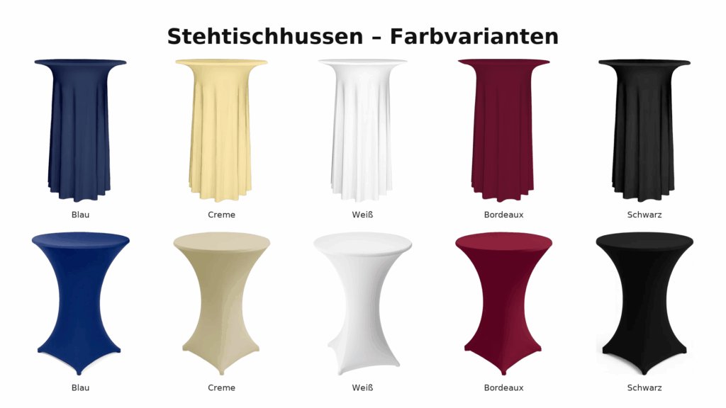 Stehtischhussen – Stretchhussen für Stehtische in Blau, Creme, Weiß, Bordeaux und Schwarz, 2 Reihen mit je fünf Farbvarianten