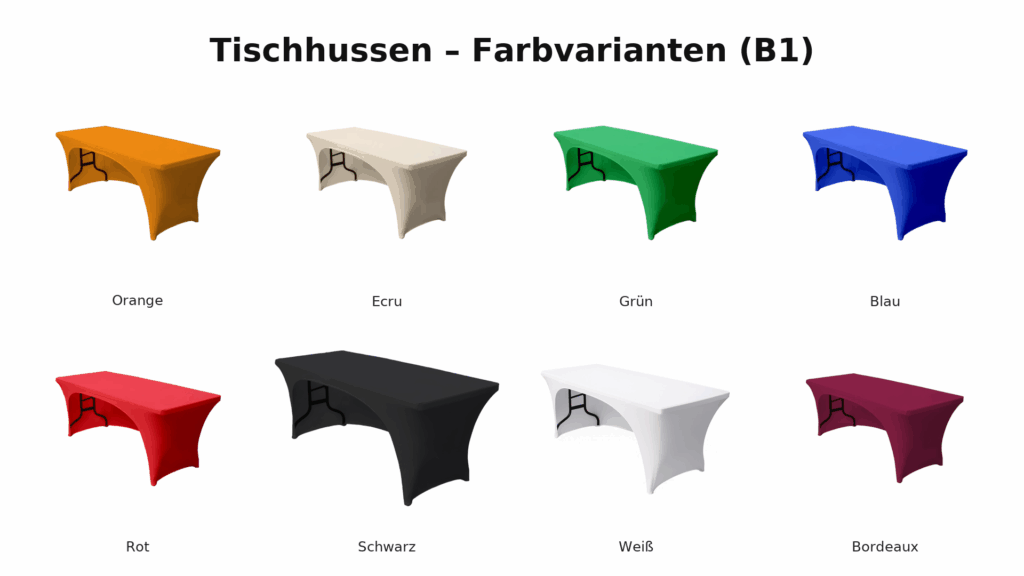 Tischhussen B1 – Farbvarianten: Orange, Ecru, Grün, Blau, Rot, Schwarz, Weiß, Bordeaux