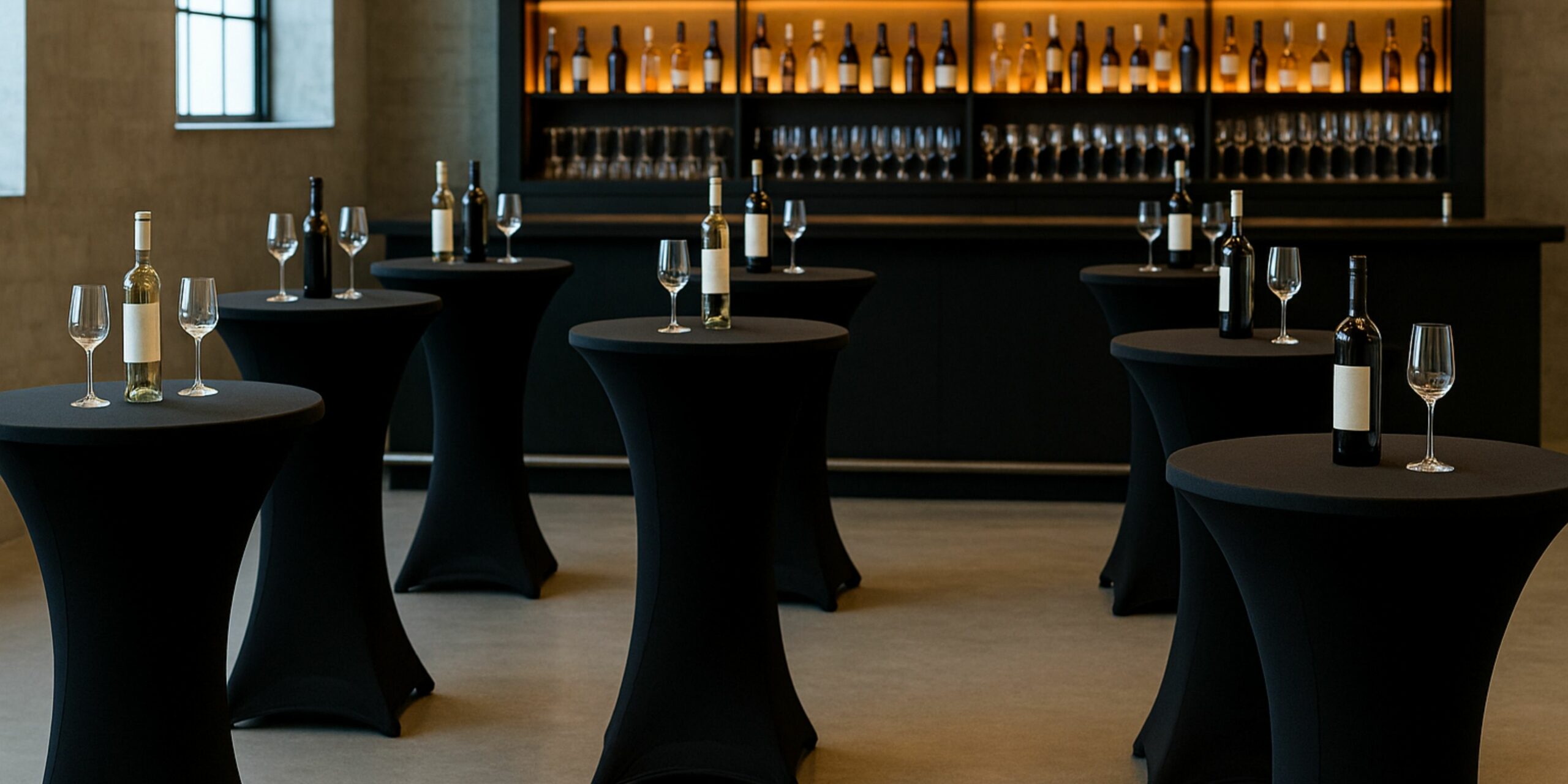 Eine moderne Bar mit mehreren runden Stehtischen, elegant mit weißen und schwarzen Stretch-Stehtischhussen bezogen, warme Beleuchtung, professionelle Atmosphäre.