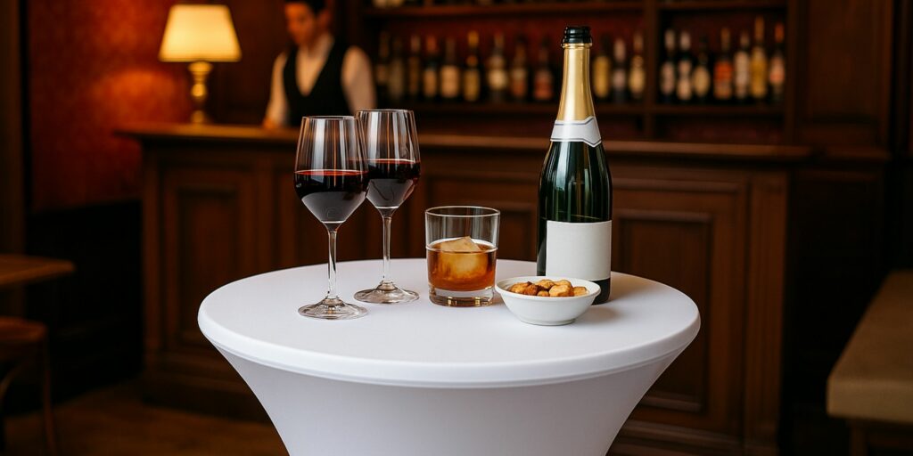 Ein elegantes französisches Bar-Interieur mit einem weißen Stehtisch im Vordergrund, bezogen mit einer Stretch-Stehtischhusse, dekoriert mit Getränken und Snacks, warme Beleuchtung und stilvolle Atmosphäre.