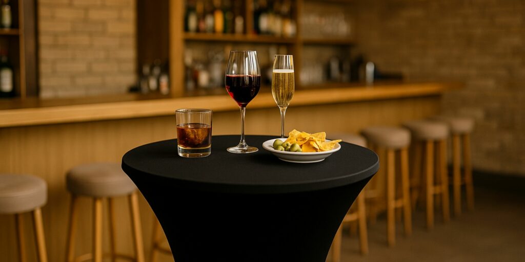 Ein elegantes Bar-Interieur mit einem schwarzen Stehtisch im Vordergrund, bezogen mit einer Stretch-Stehtischhusse, dekoriert mit Getränken und Snacks, helle moderne Atmosphäre mit stilvoller Theke im Hintergrund.