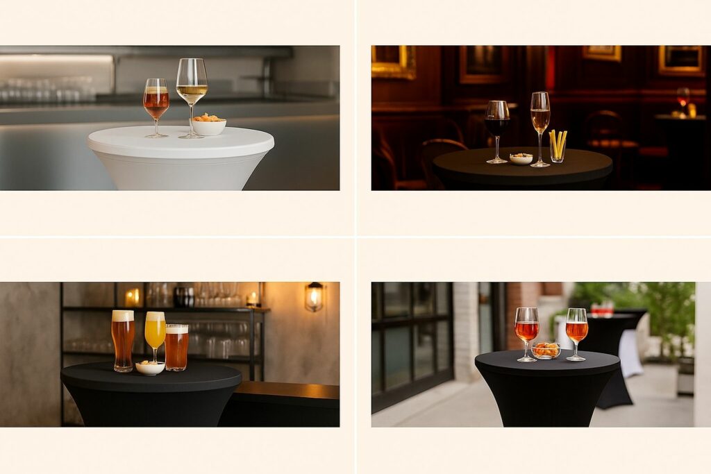 Vier Bar-Szenen mit weißen und schwarzen Stehtischhussen in modernem, elegantem, industriellem und Outdoor-Stil.