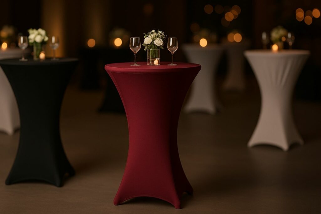 Eventlocation mit Stehtischen in Stretch Bar Tischdecke – Schwarz, Dunkelblau und Bordeaux für elegante Atmosphäre