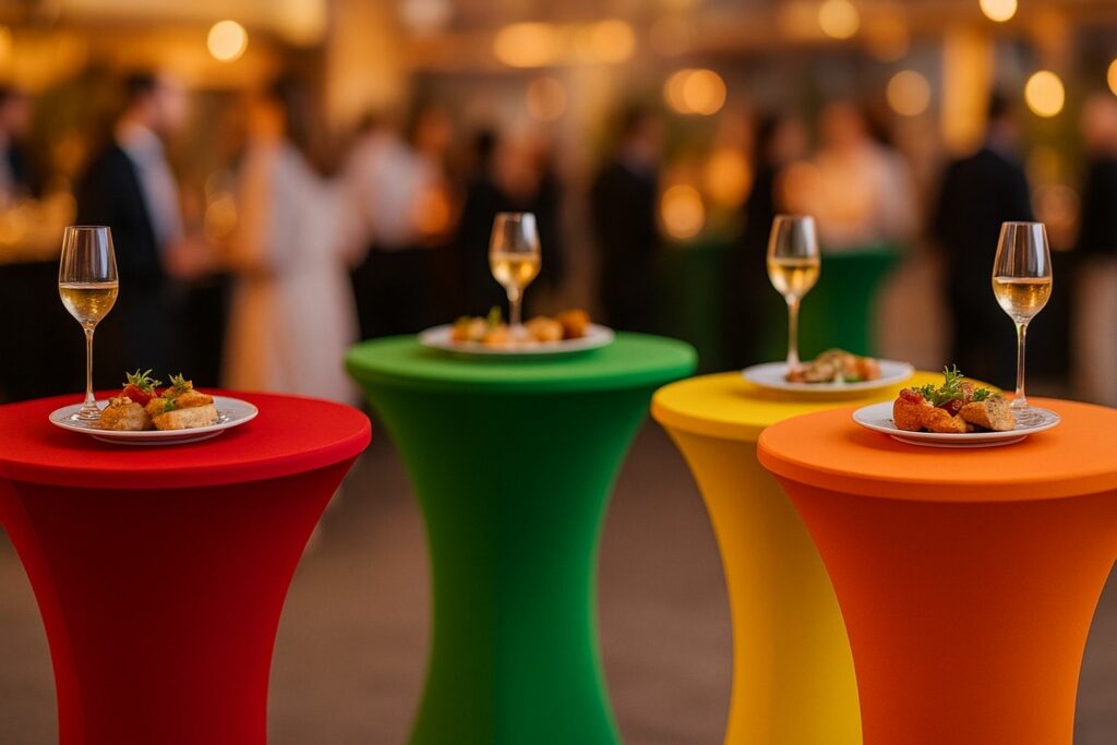 Event mit Stehtischen in kräftiger Rot, Gelb, Grün und Orange, dekoriert mit Snacks und Getränken