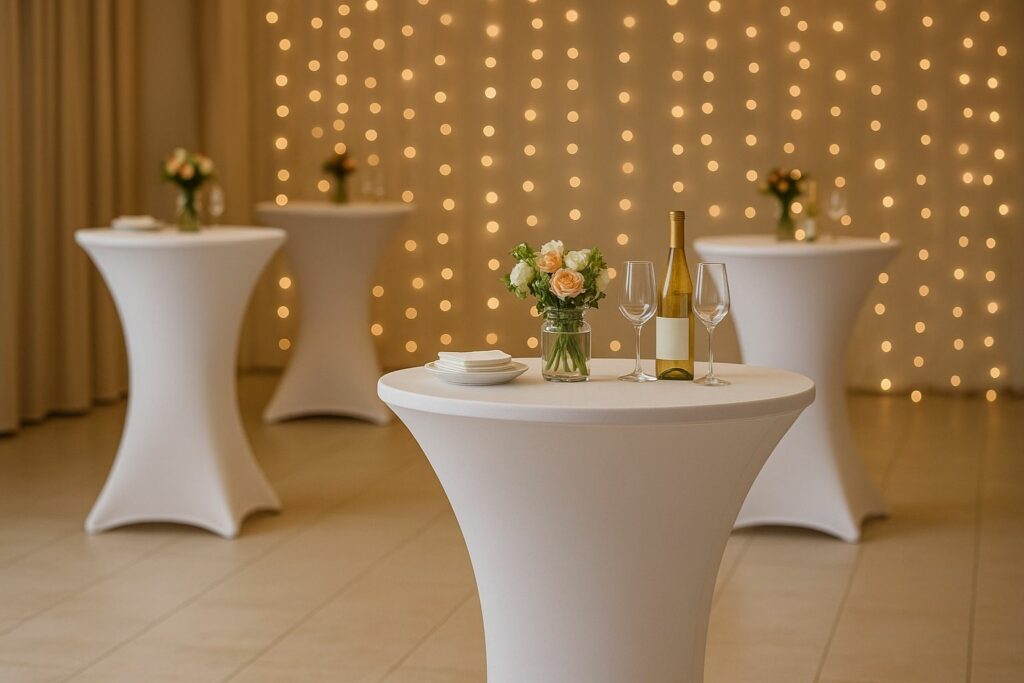 Funktionale Bar Tischdecke als Stretchhusse – elegante Stehtische mit Snacks und Getränken bei einem Event“
