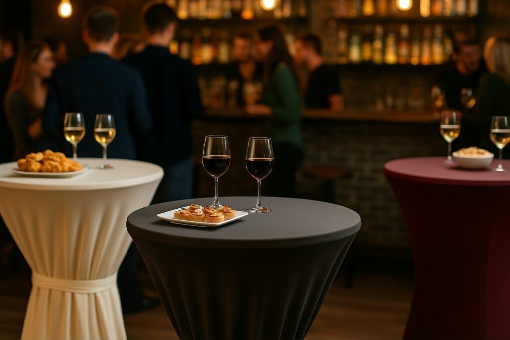 Bar-Party mit Stehtischen in Stretch Bar Tischdecke, dekoriert mit Getränken und Snacks, Gäste im Hintergrund