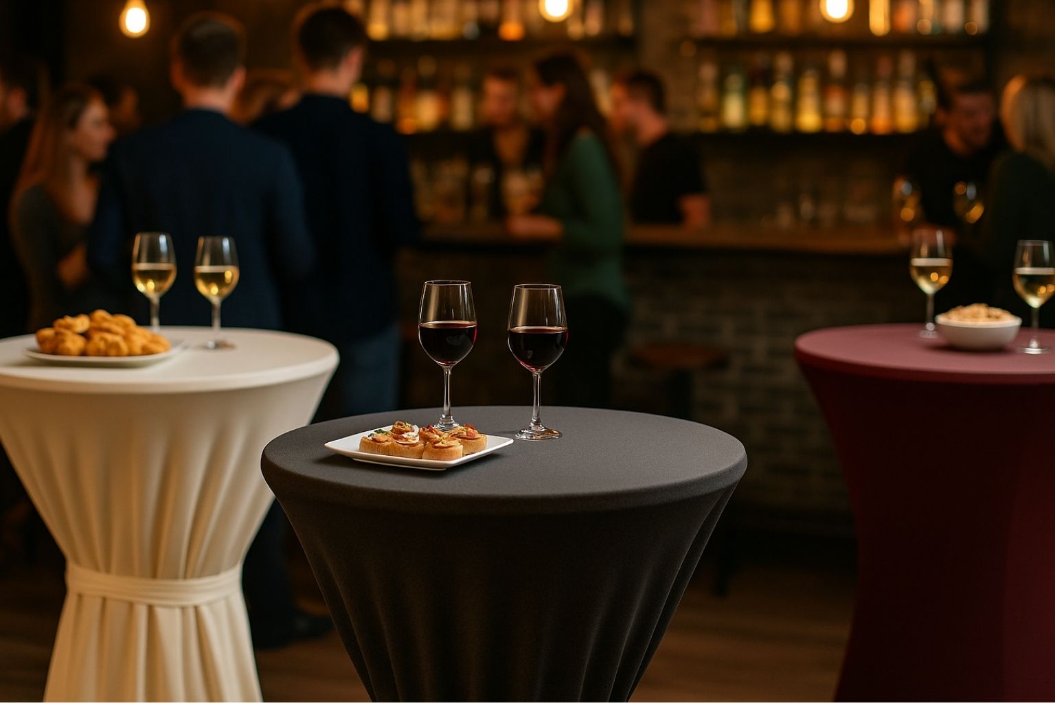 Bar-Party mit Stehtischen in Stretch Bar Tischdecke, dekoriert mit Getränken und Snacks, Gäste im Hintergrund