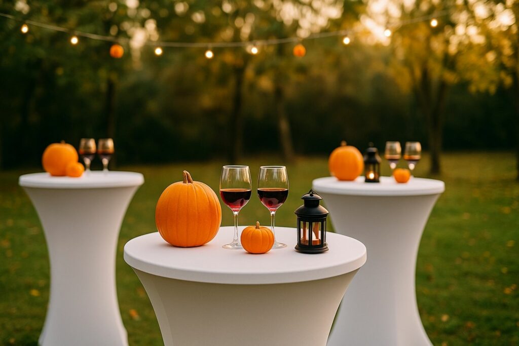 Stehtischhussen in neutralen Farben mit Kürbissen, Gläsern und Kerzen im herbstlichen Garten bei Tageslicht