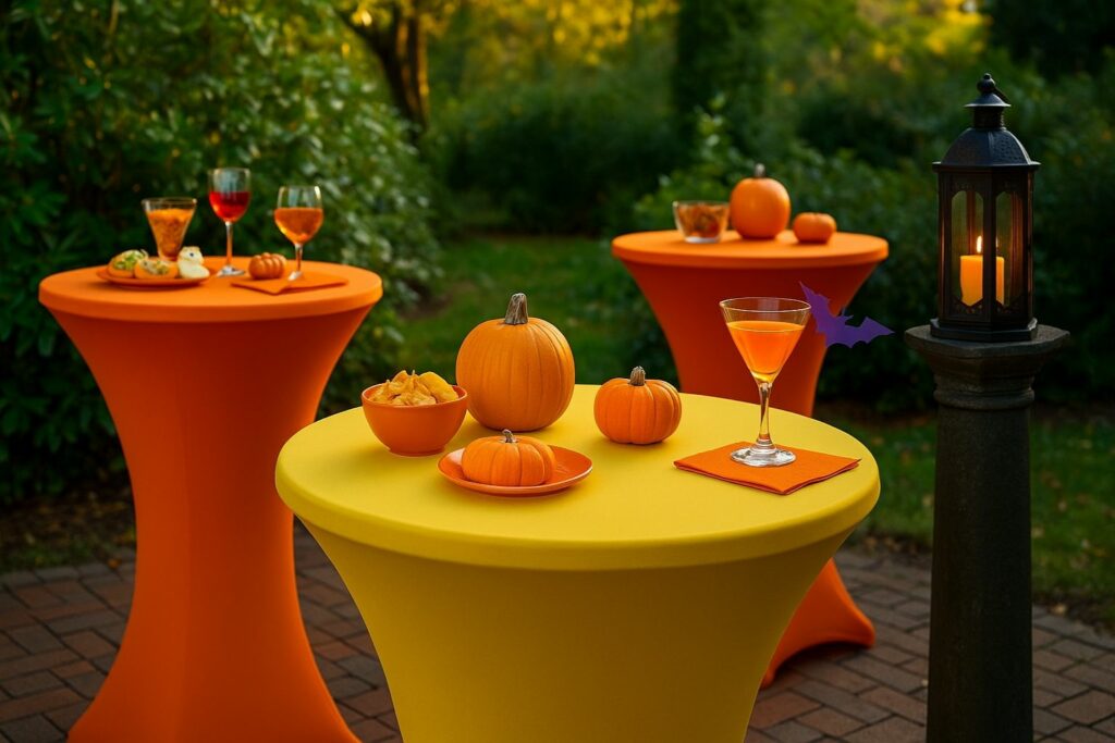 Stehtischhussen in Orange und Gelb mit Kürbissen, Snacks und Getränken als moderne Highlights für eine Halloween Gartenparty