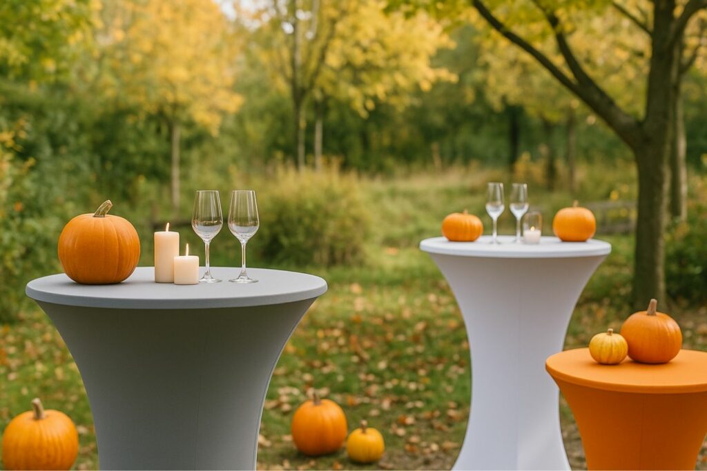 Stehtischhussen in Grau und Weiß im Garten mit Kürbissen, Gläsern und Kerzen bei Tageslicht