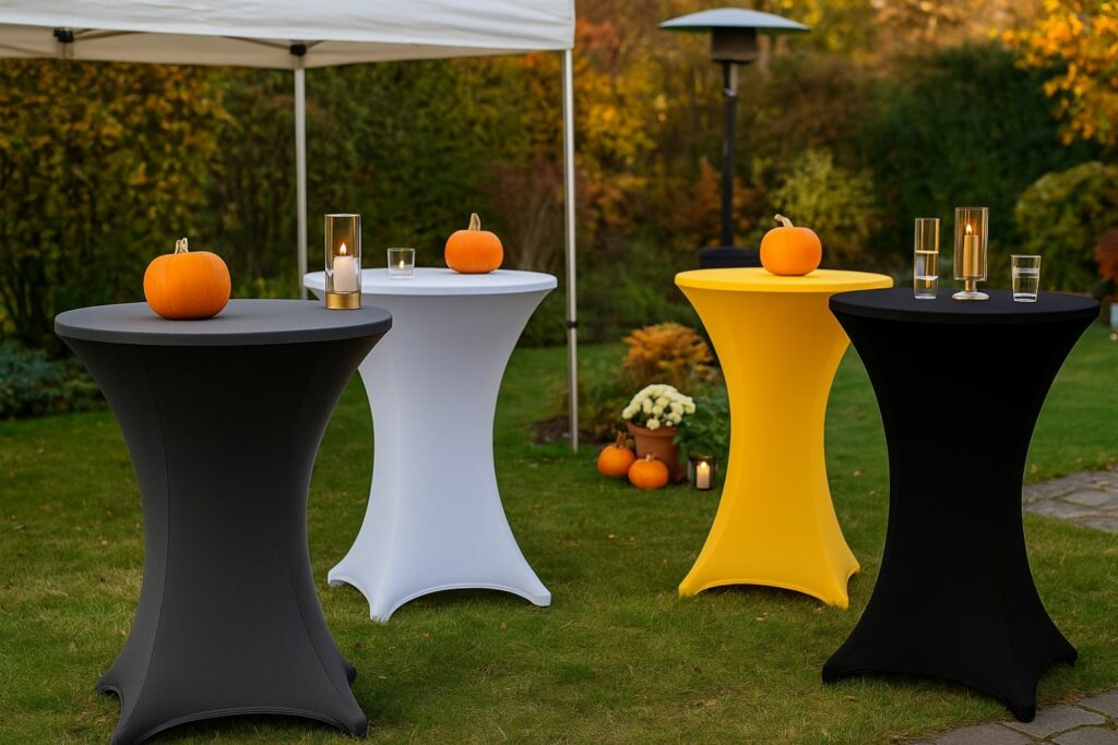 Stehtischhussen im Garten mit Kürbissen, Kerzen, Zelt und Heizstrahlern – sichere Herbst-Party
