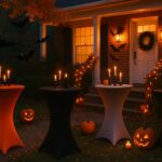 Hauseingang mit Halloween-Dekoration, Vorgarten mit Stehtischhussen, Kürbissen, Kerzen und Lichterketten